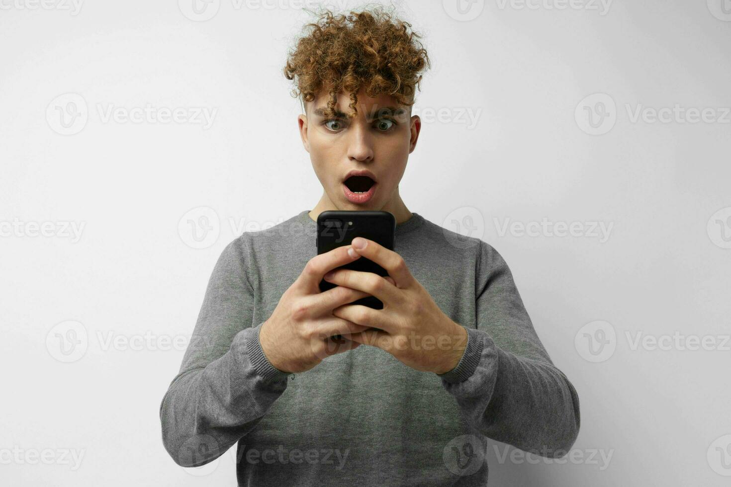 stylish guy technology with phone selfie light background photo