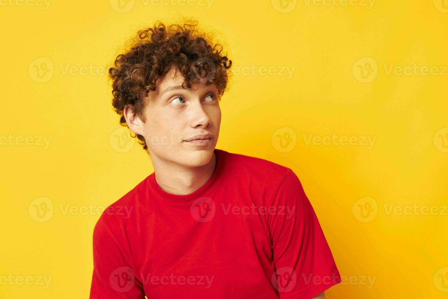 guy with red curly hair summer style fashion posing yellow background unaltered photo