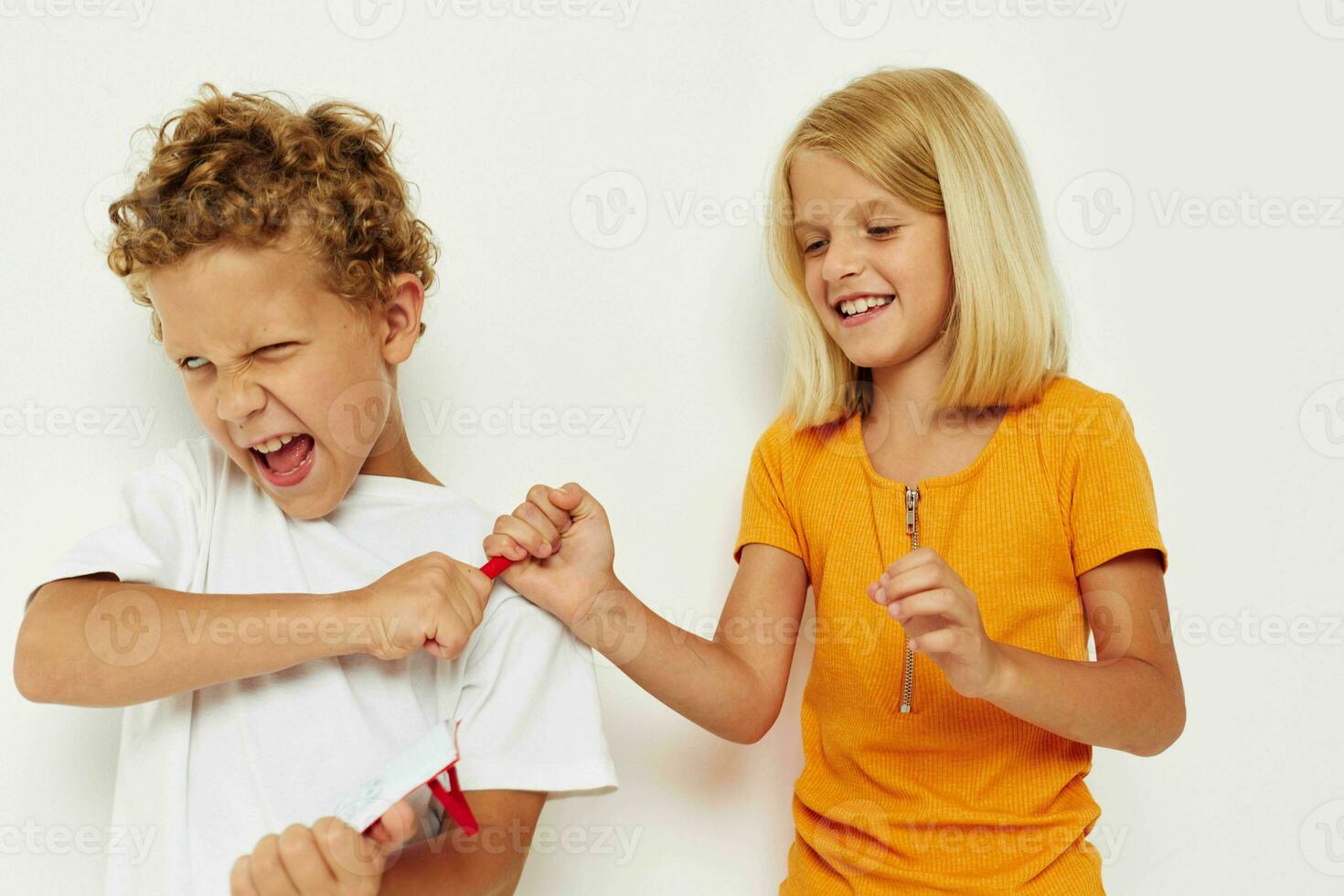 cheerful children stand next to notepad pencil drawing emotions color background unaltered photo