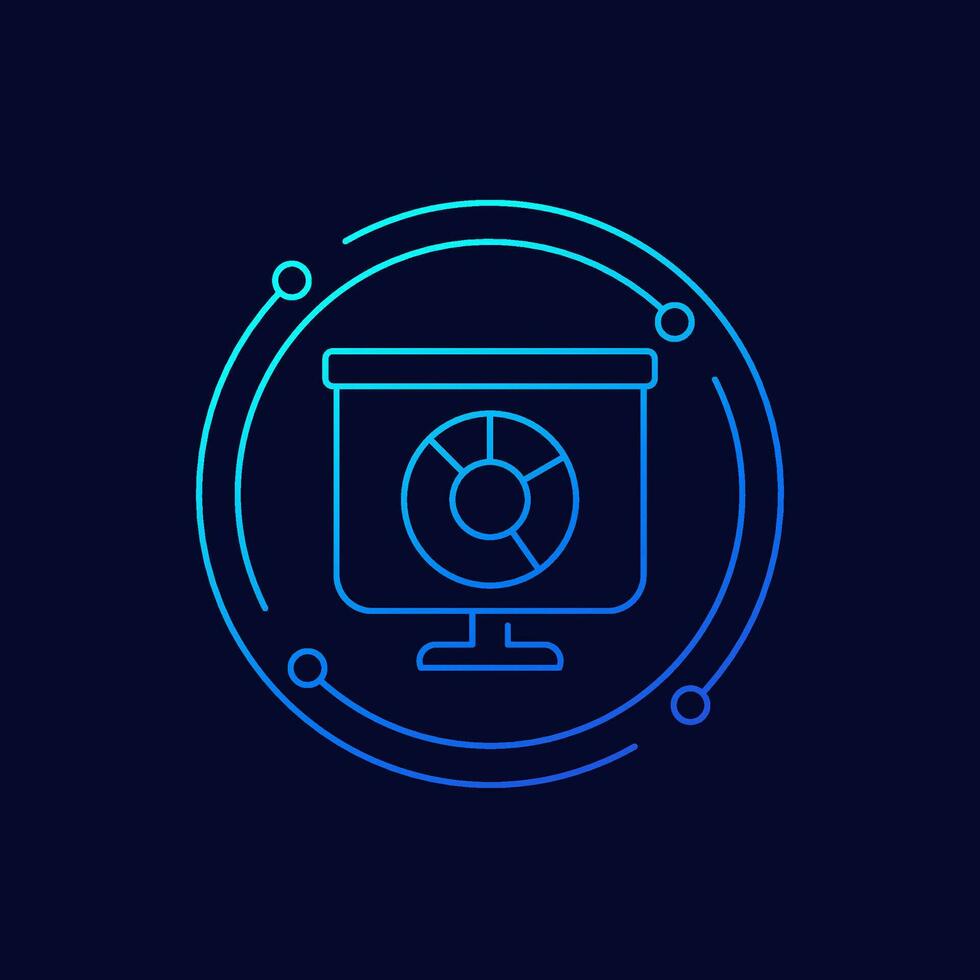 Presentation with a pie chart icon, linear design vector