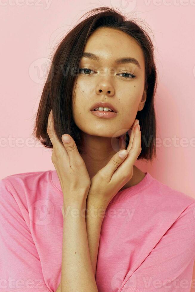 beautiful girl summer style pink t shirt studio isolated background photo