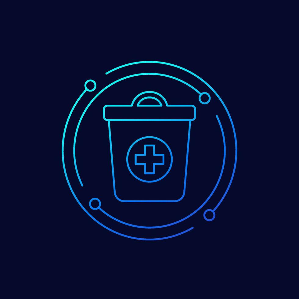 medical waste line icon with trash bin, vector