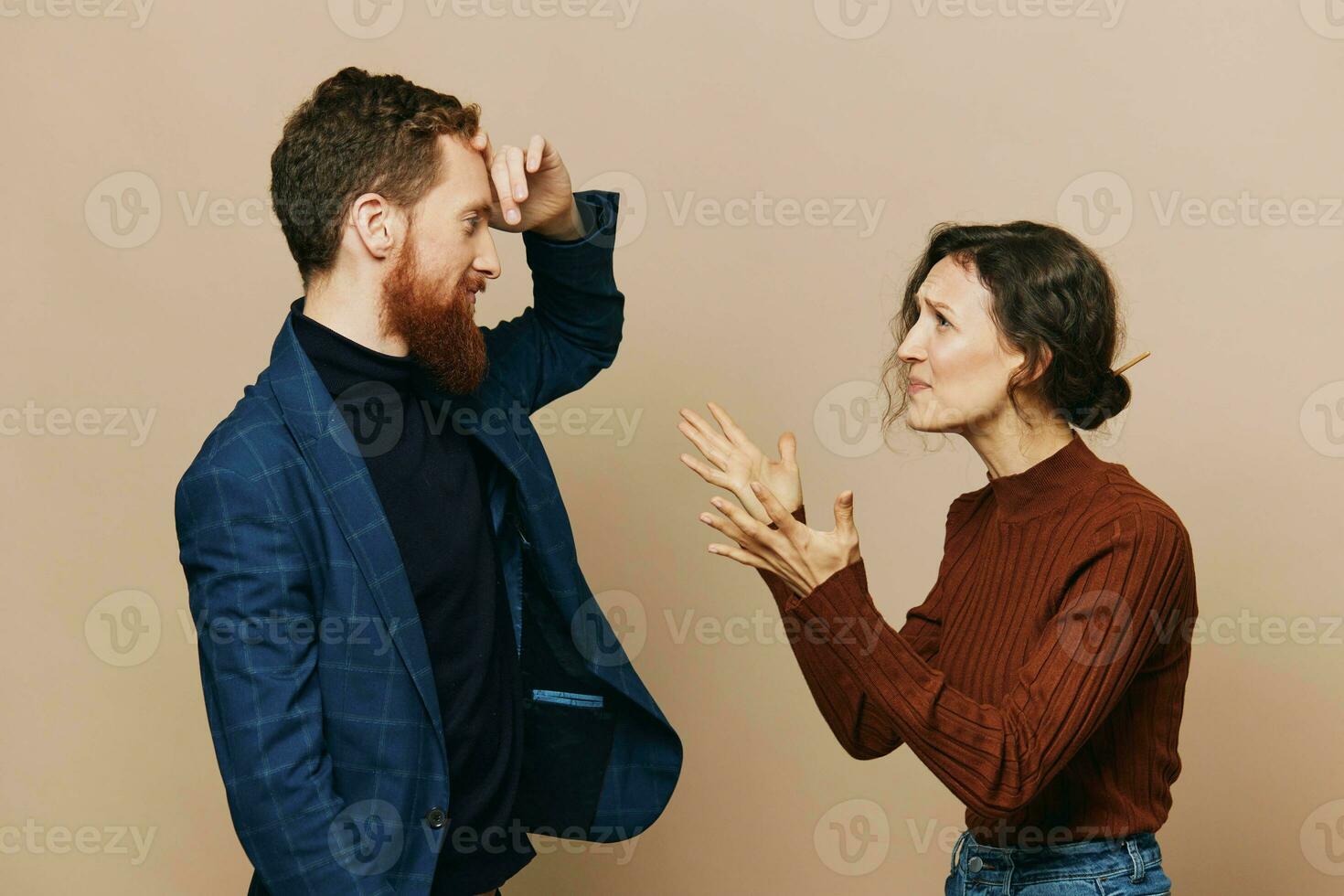 Man and woman couple in a relationship quarrel, yelling, psychological violence in the family, problems in a real relationship between people photo