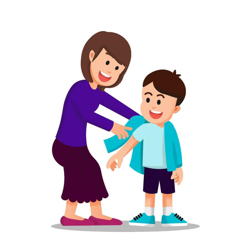 A mother helps her son to get dressed vector