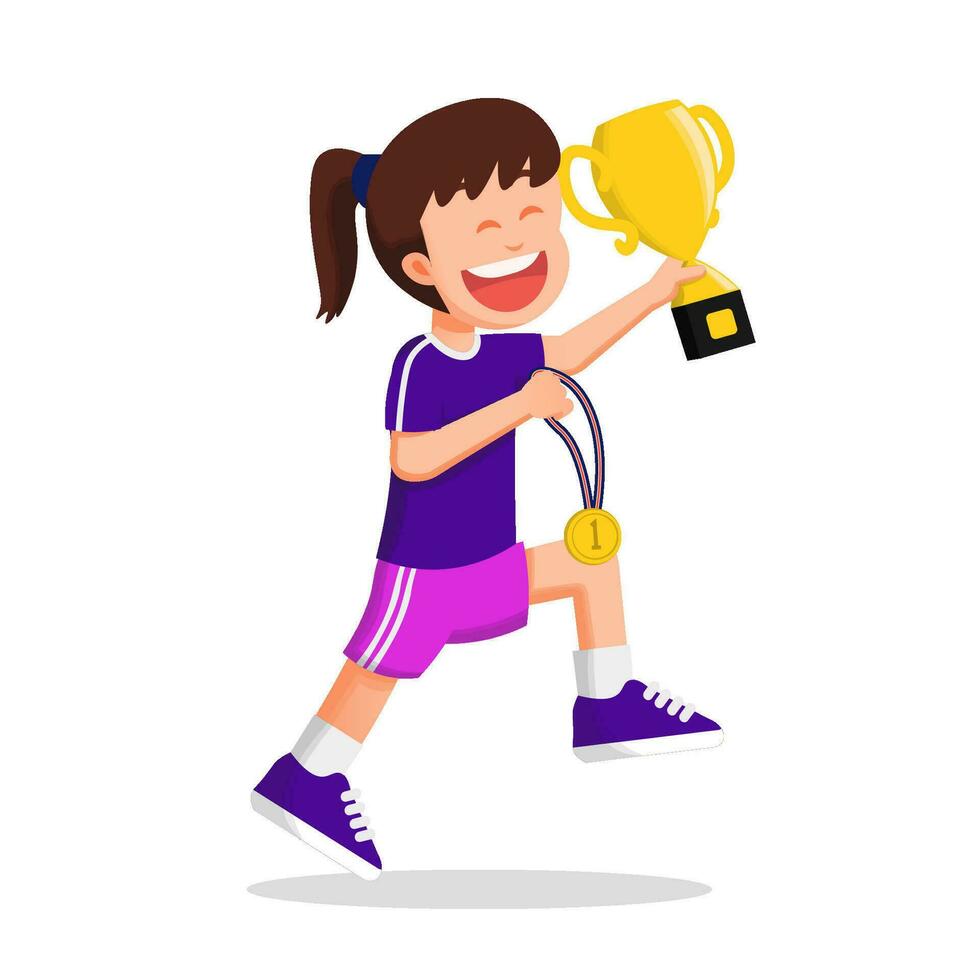 A cute and happy girl holding trophy and gold medal vector