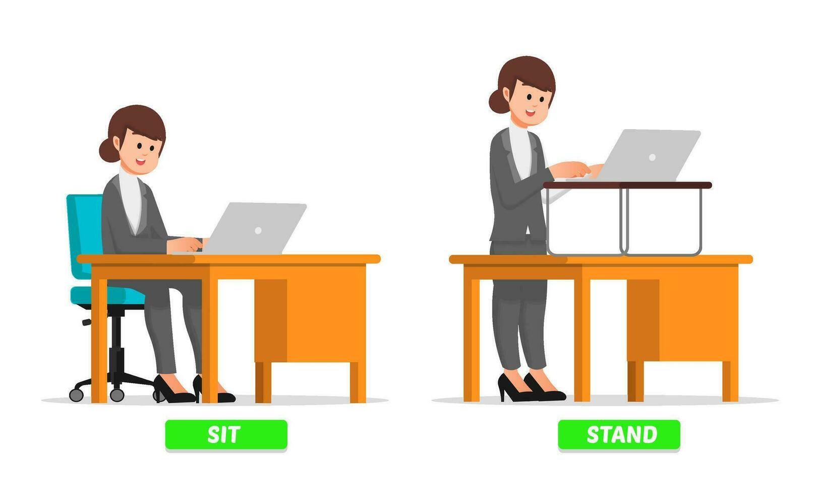 An office woman with a standing and sitting work posture vector