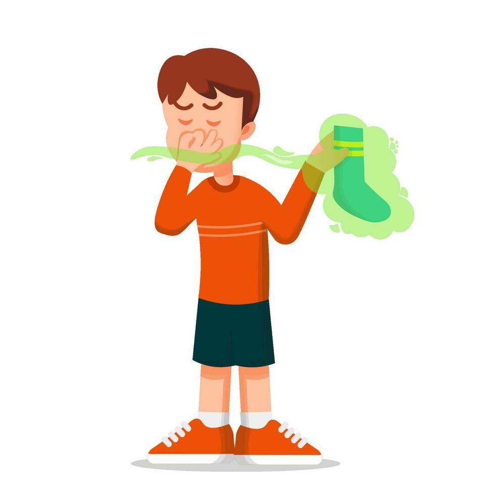 boy covers his nose while holding a foul smelling sock vector