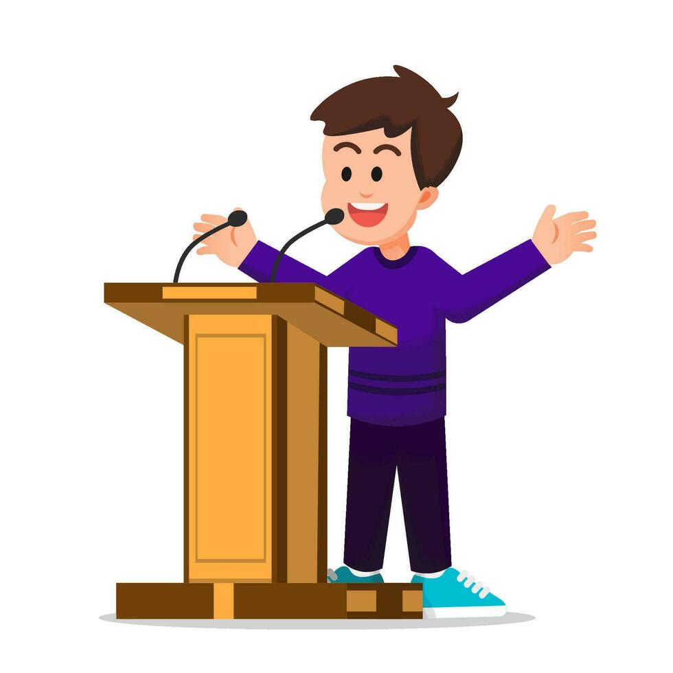 cute and cheerful boy giving a speech on the podium vector