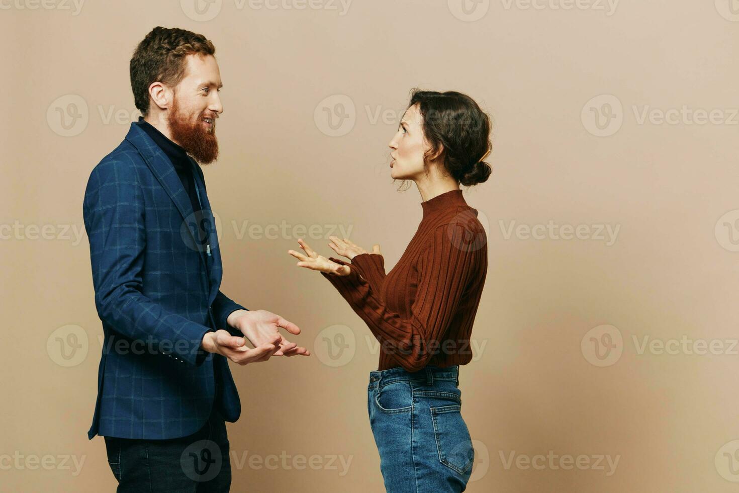 Man and woman couple in a relationship quarrel, yelling, psychological violence in the family, problems in a real relationship between people photo