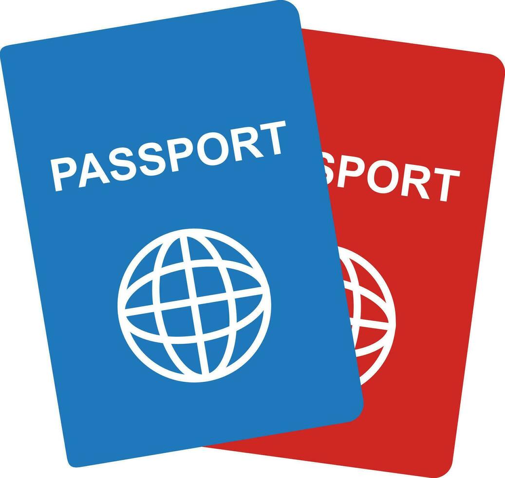 Two realistic international passports ID. Passport for identification person. Red and blue document with globe for journey and vacation. Travelling concept. Vector illustration