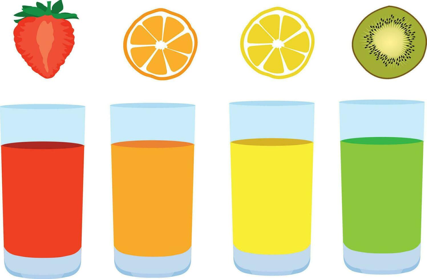 Big set of different juices of diverse colors in glasses vector bright illustrations or icons isolated on white, cartoon style logo or badge for pure fresh juice