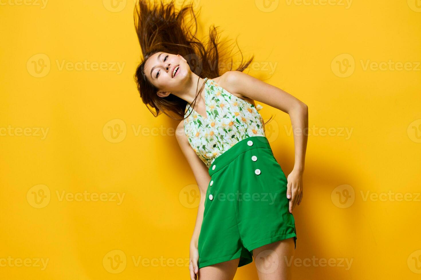 woman beautiful happy trendy young style emotion yellow stylish fashion slim photo