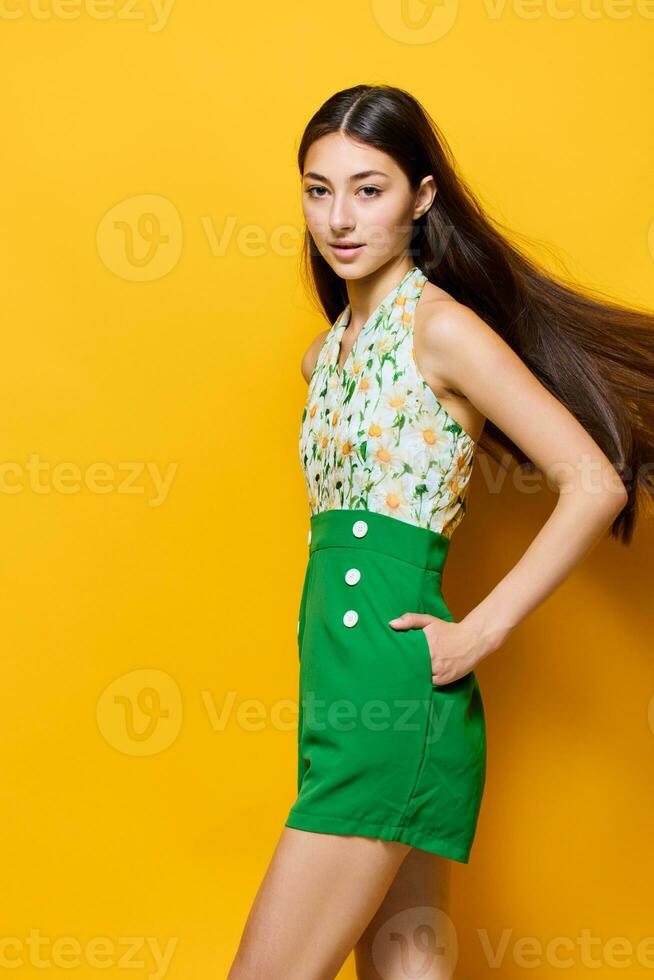 beautiful woman style young emotion fashion person yellow trendy happy stylish photo