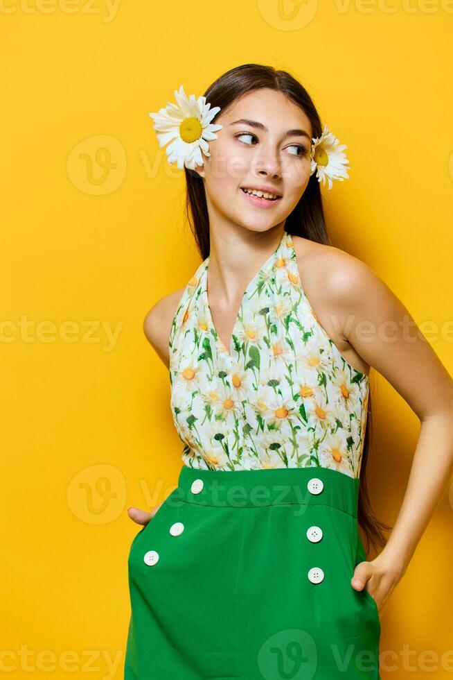 yellow woman fashion young beautiful stylish camomile flower happy style happiness photo