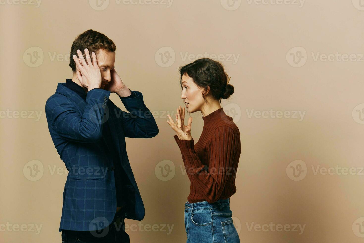 Man and woman couple in a relationship quarrel, yelling, psychological violence in the family, problems in a real relationship between people photo