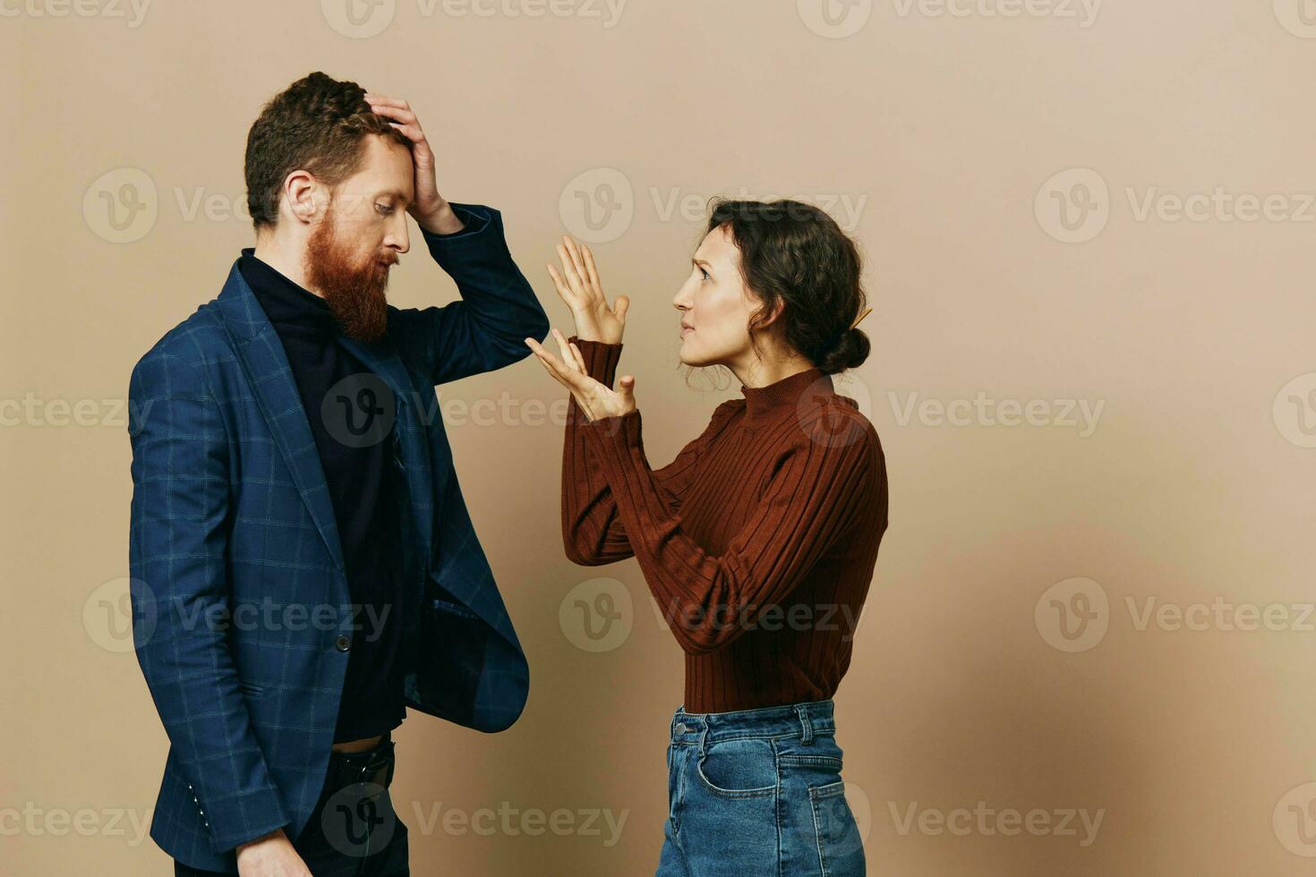 Man and woman couple in a relationship quarrel, yelling, psychological violence in the family, problems in a real relationship between people photo