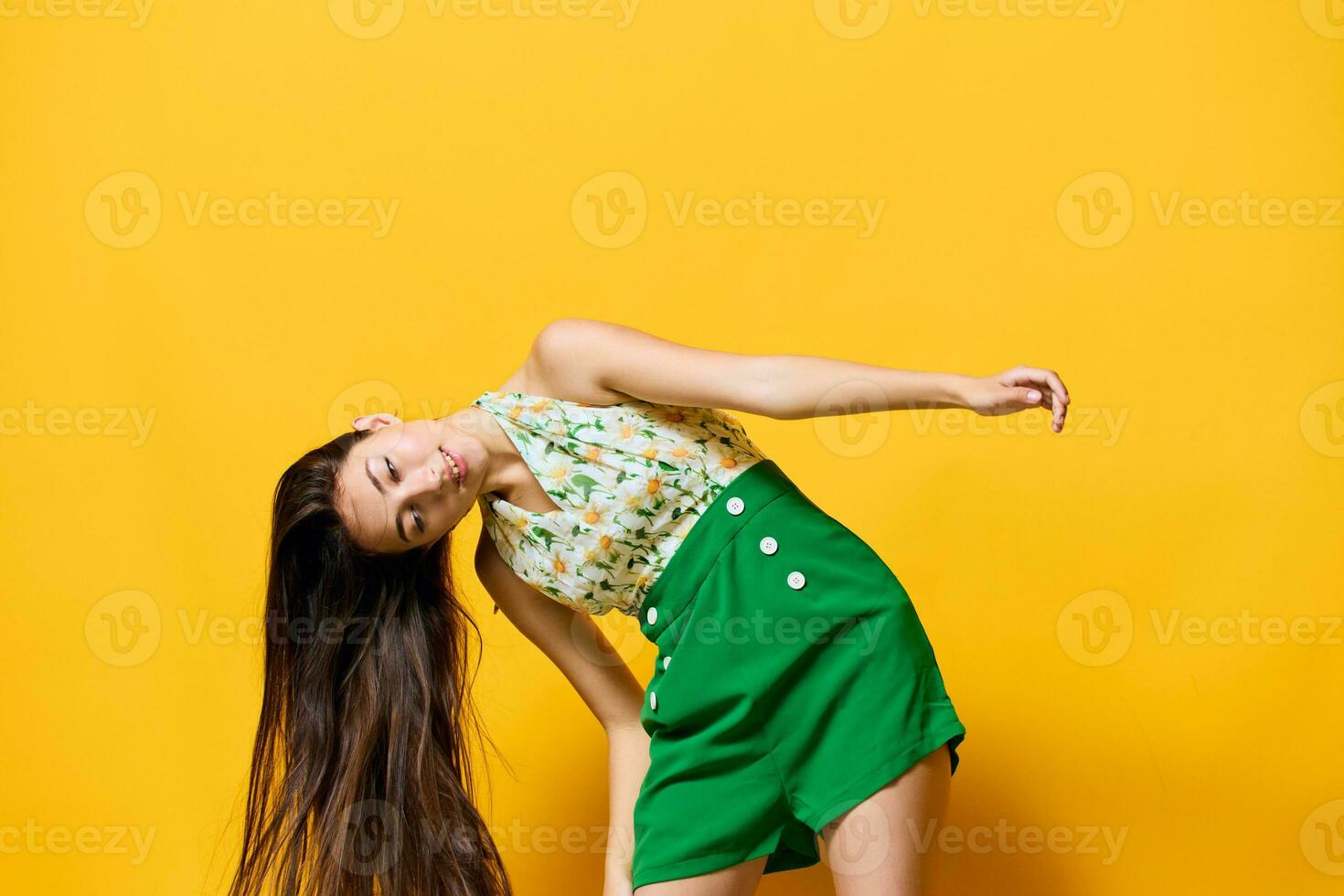 happy woman fashion young emotion model beautiful stylish trendy style yellow photo