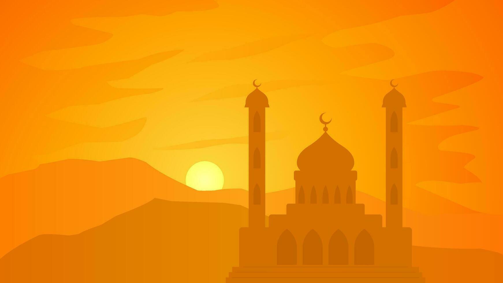 Islamic landscape vector illustration. Mosque landscape with mountain hill and shiny sky. Background landscape for islam religion and muslim faith. Wallpaper of design mountain with mosque silhouette