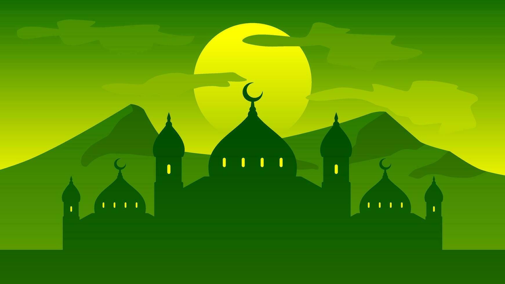 Islamic landscape vector illustration. Mosque landscape with mountain hill and shiny sky. Background landscape for islam religion and muslim faith. Wallpaper of design mountain with mosque silhouette