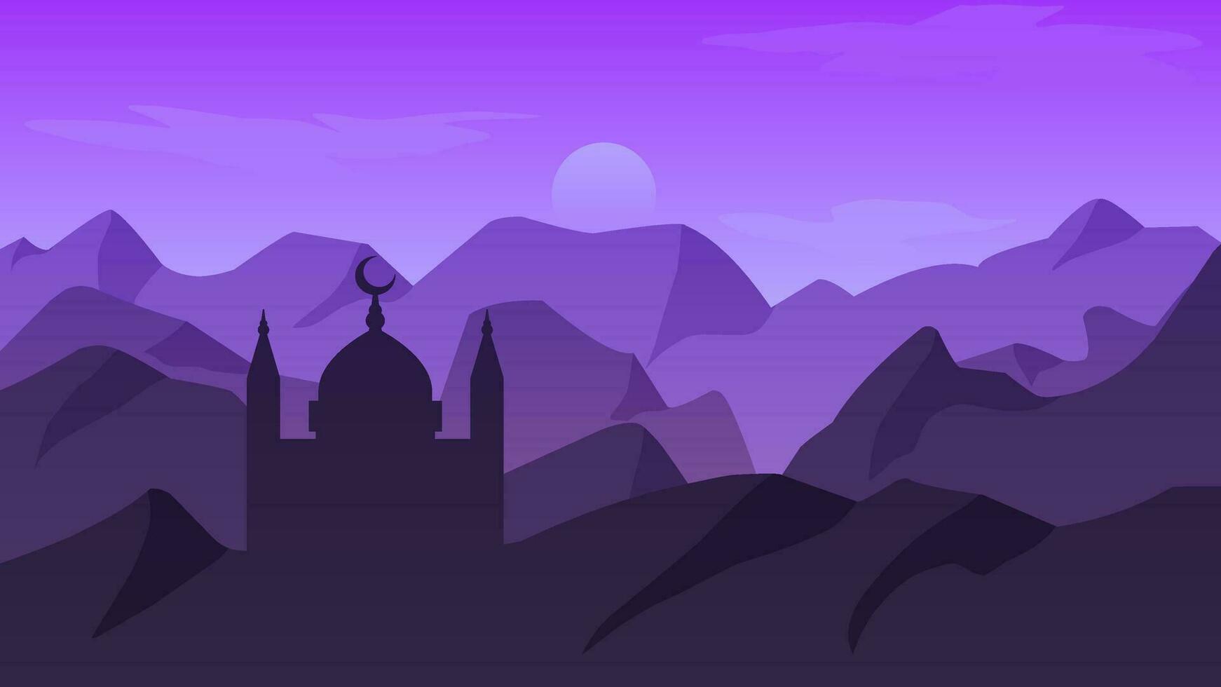 Islamic landscape vector illustration. Mosque landscape with mountain hill and shiny sky. Background landscape for islam religion and muslim faith. Wallpaper of design mountain with mosque silhouette