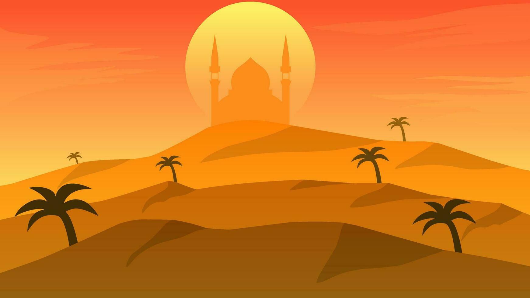 Islamic landscape vector illustration. Mosque landscape with mountain hill and shiny sky. Background landscape for islam religion and muslim faith. Wallpaper of design mountain with mosque silhouette