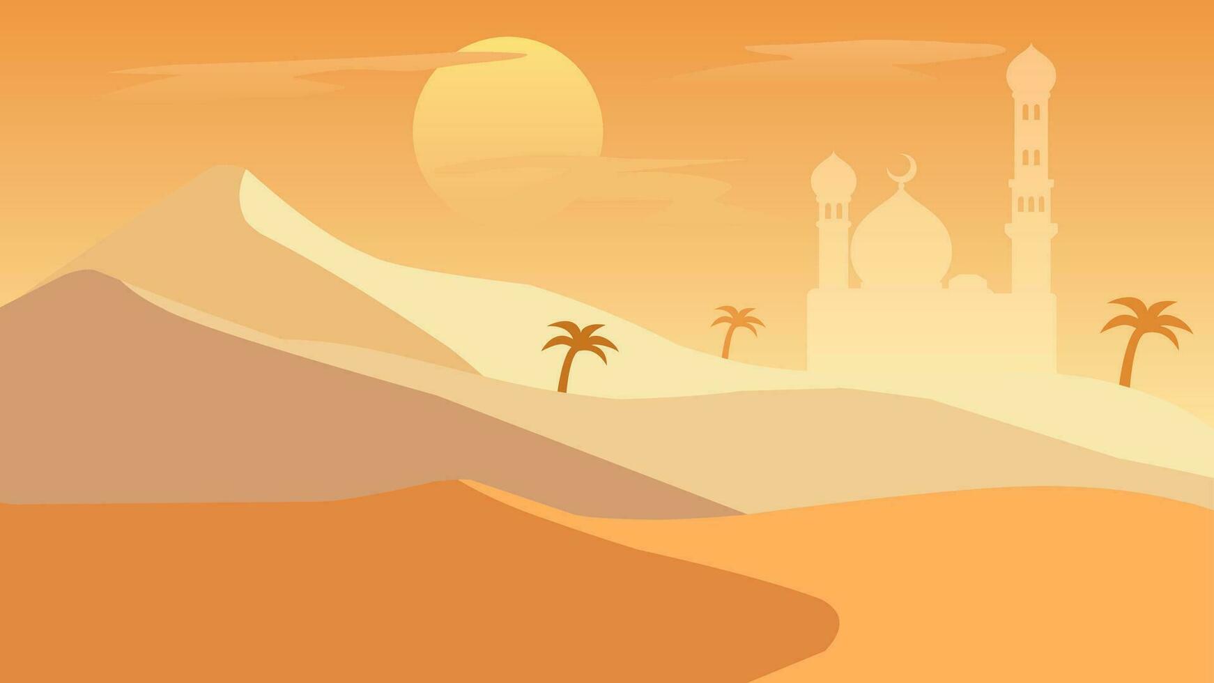 Islamic landscape vector illustration. Mosque landscape with mountain hill and shiny sky. Background landscape for islam religion and muslim faith. Wallpaper of design mountain with mosque silhouette