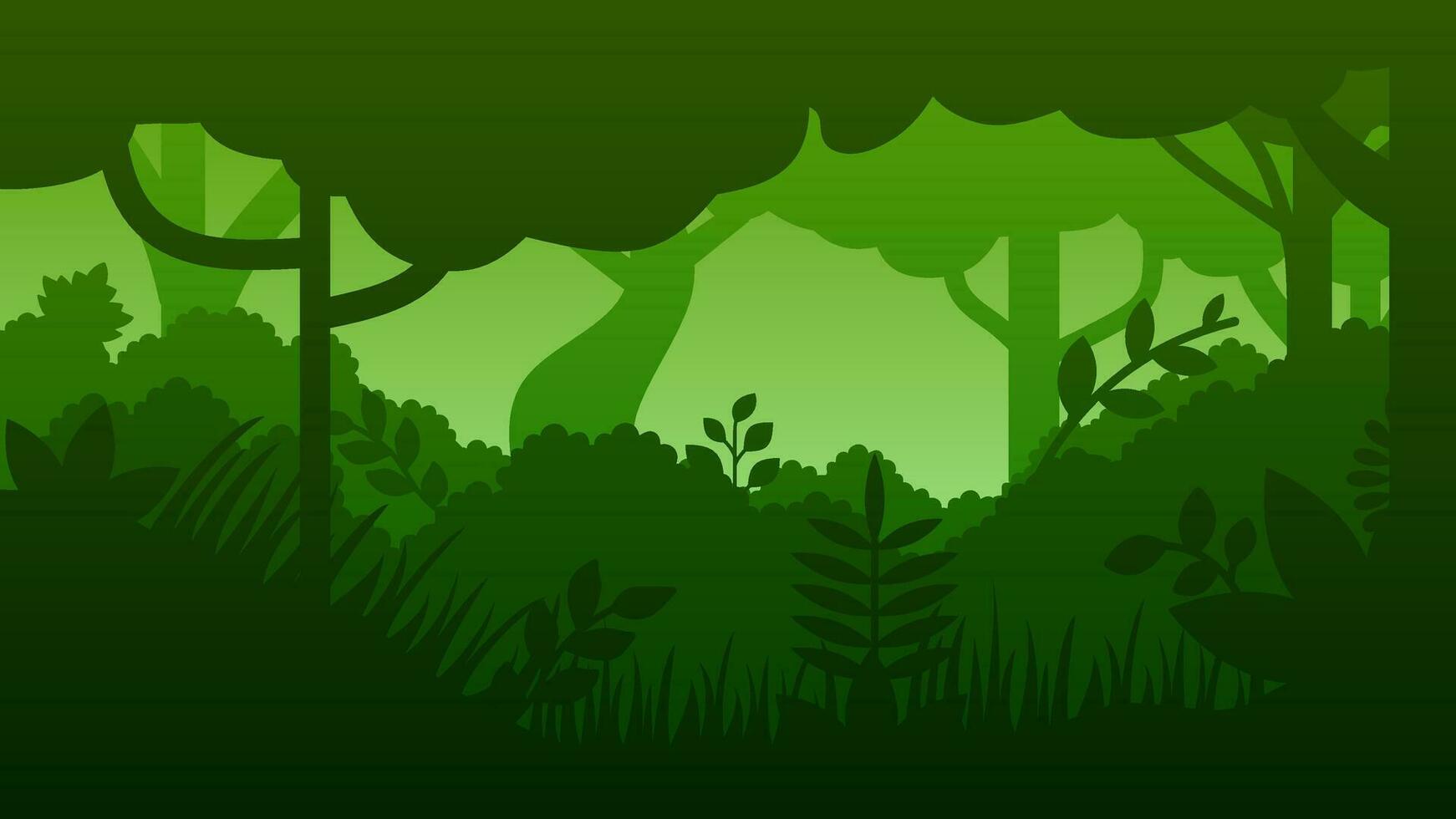 Forest landscape vector illustration. Deep forest silhouette with tree, bush, leaf and plant. Deep jungle landscape for background, wallpaper, display or landing page. Vector gradient style