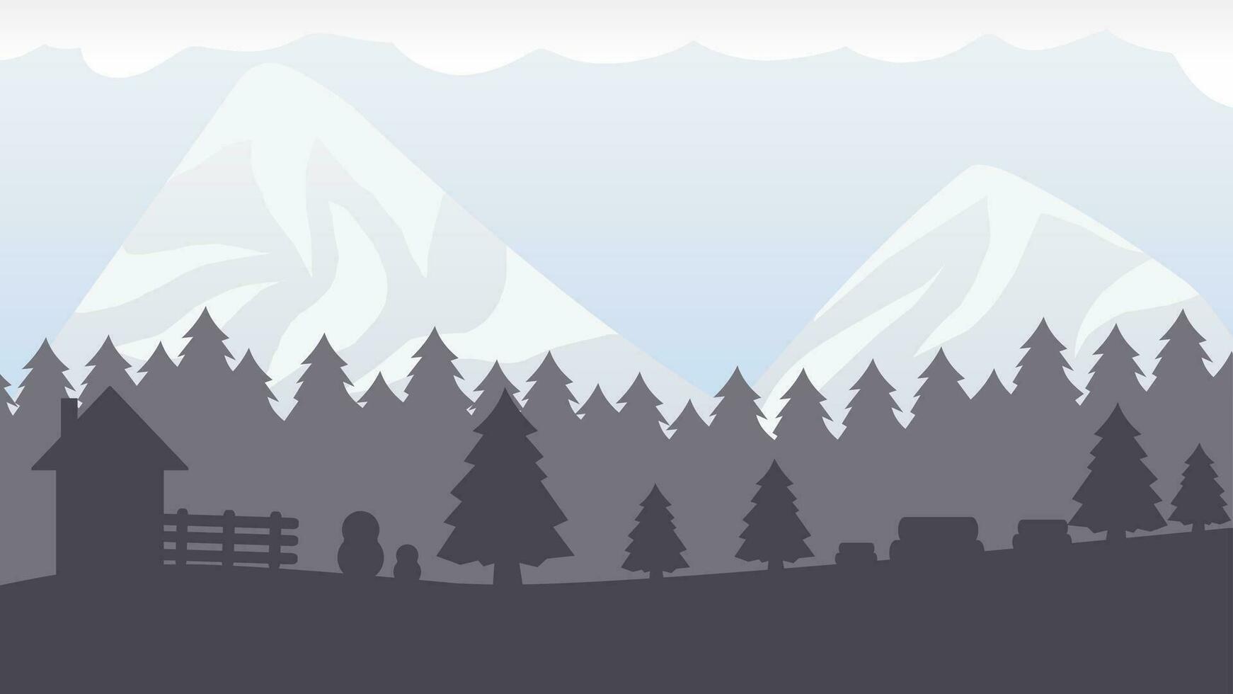 Winter landscape vector illustration. Winter silhouette with snow mountain and clear sky. Simple cold season landscape for background, wallpaper, display or landing page