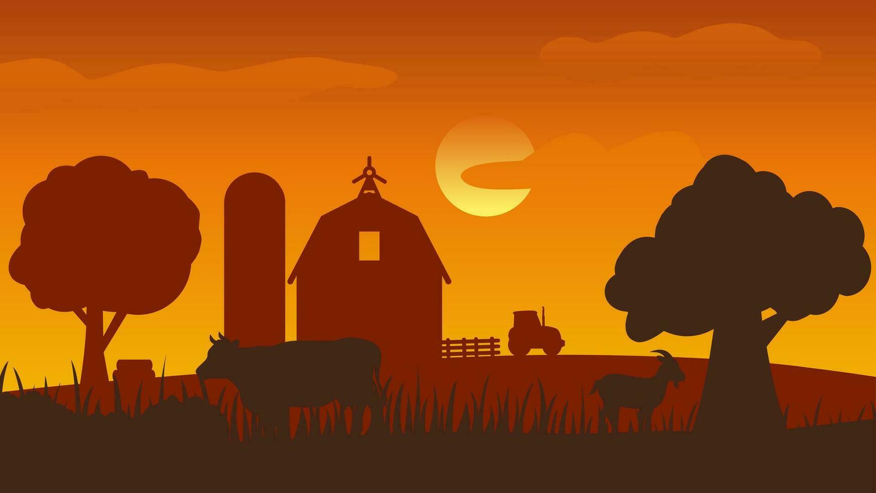 campo paisaje vector ilustración. granja silueta paisaje con granero, tractor, vaca y cabra. rural agricultura silueta paisaje para fondo, fondo de pantalla, monitor o aterrizaje página