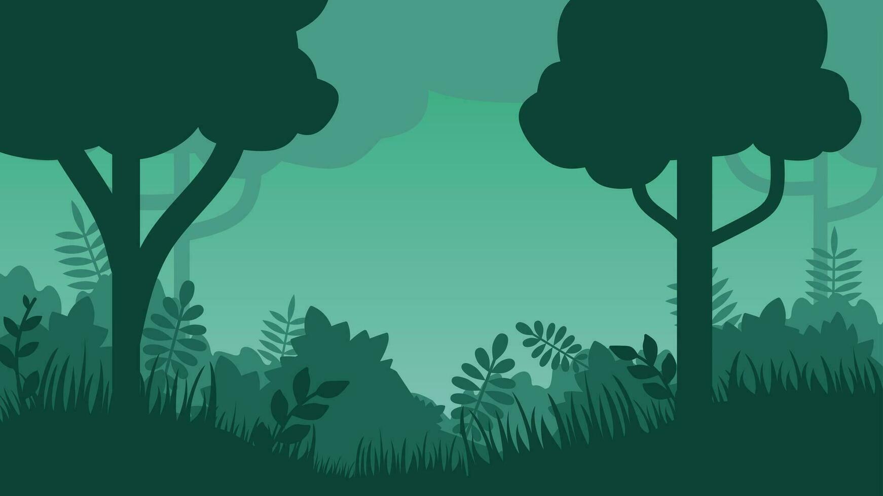 Forest landscape vector illustration. Deep forest silhouette with tree, bush, leaf and plant. Deep jungle landscape for background, wallpaper, display or landing page. Vector gradient style
