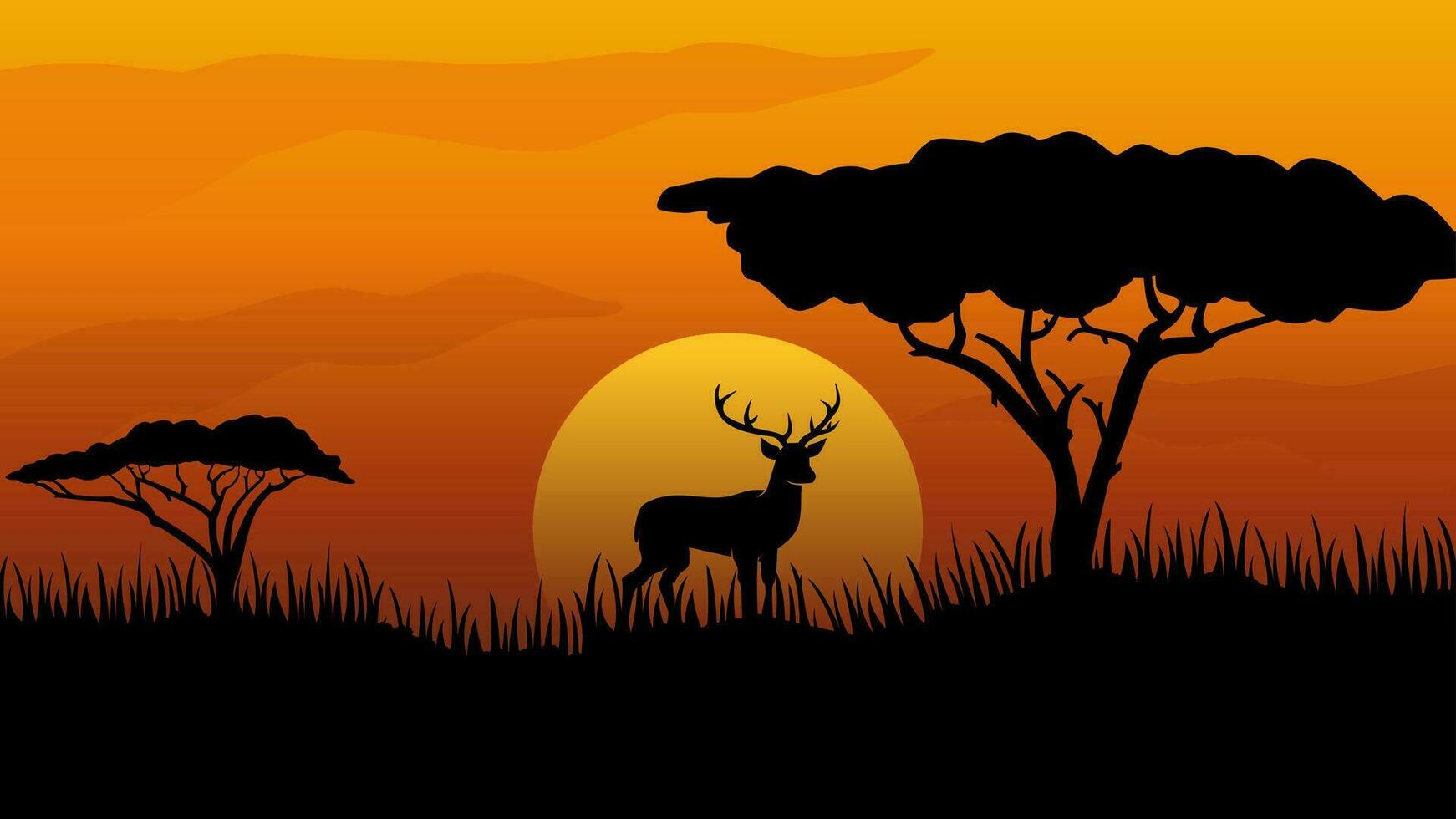 Wildlife landscape vector illustration. Wildlife africa savanna of giraffe with african tree and sunset sky. Wildlife silhouette landscape for background, wallpaper, display or landing page