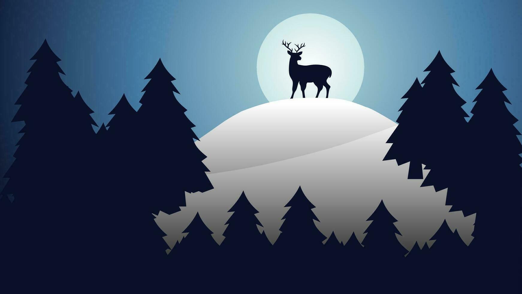 Winter landscape vector illustration. Winter background with deer at snow hill and pine tree. Simple cold season landscape for background, wallpaper, display or landing page