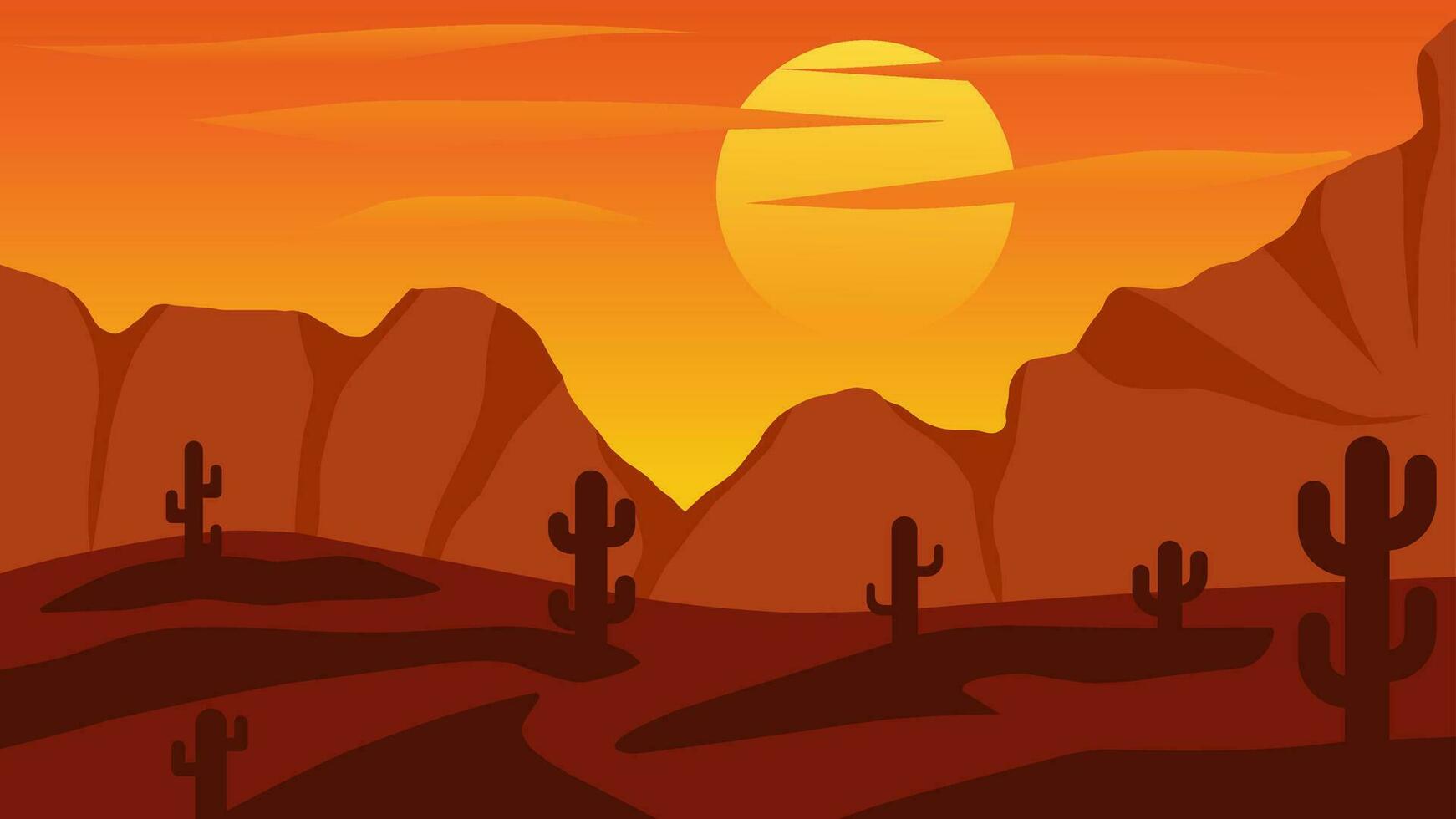 Desert landscape vector illustration. Canyon desert landscape with cactus, ridge and sunset sky. American desert silhouette landscape for background, wallpaper, display or landing page