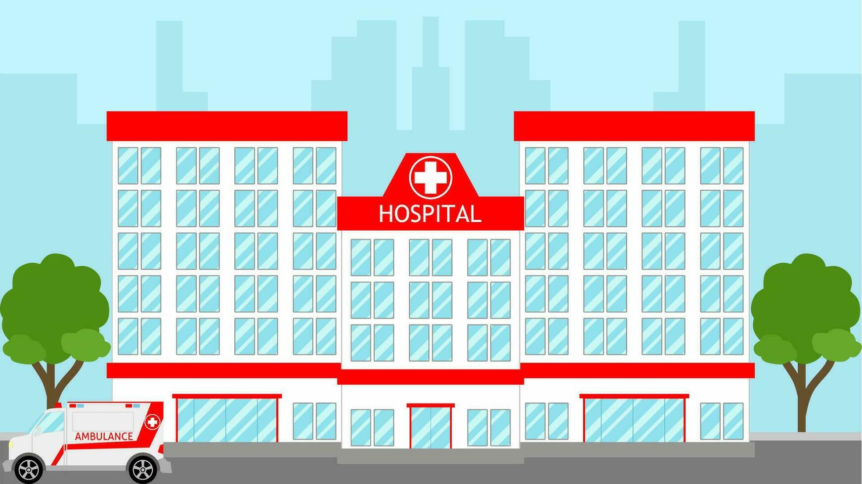 Hospital landscape vector illustration. Medical hospital landscape with ambulance. Cityscape of clinic pharmacy for background, wallpaper, display or landing page. Vector of first aid hospital