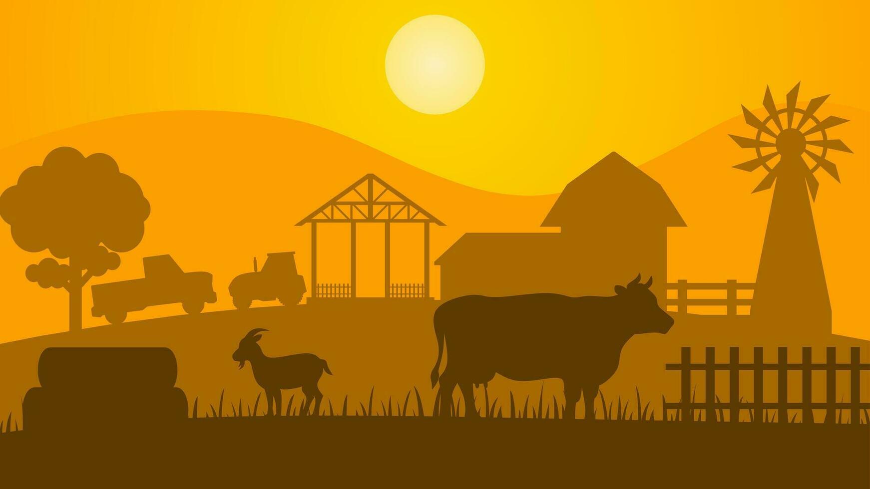 campo paisaje vector ilustración. granja silueta paisaje con granero, tractor, vaca y cabra. rural agricultura silueta paisaje para fondo, fondo de pantalla, monitor o aterrizaje página