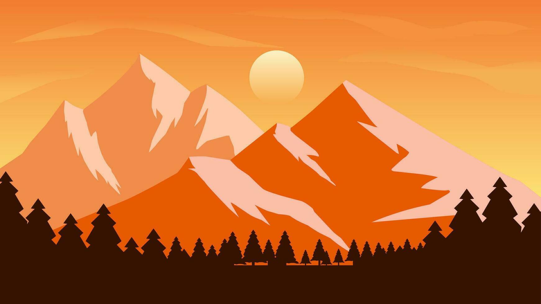 Mountain landscape vector illustration. Mountain peak view with pine forest and sunset sky. Mountain range landscape for background, wallpaper, display or landing page. Design vector background