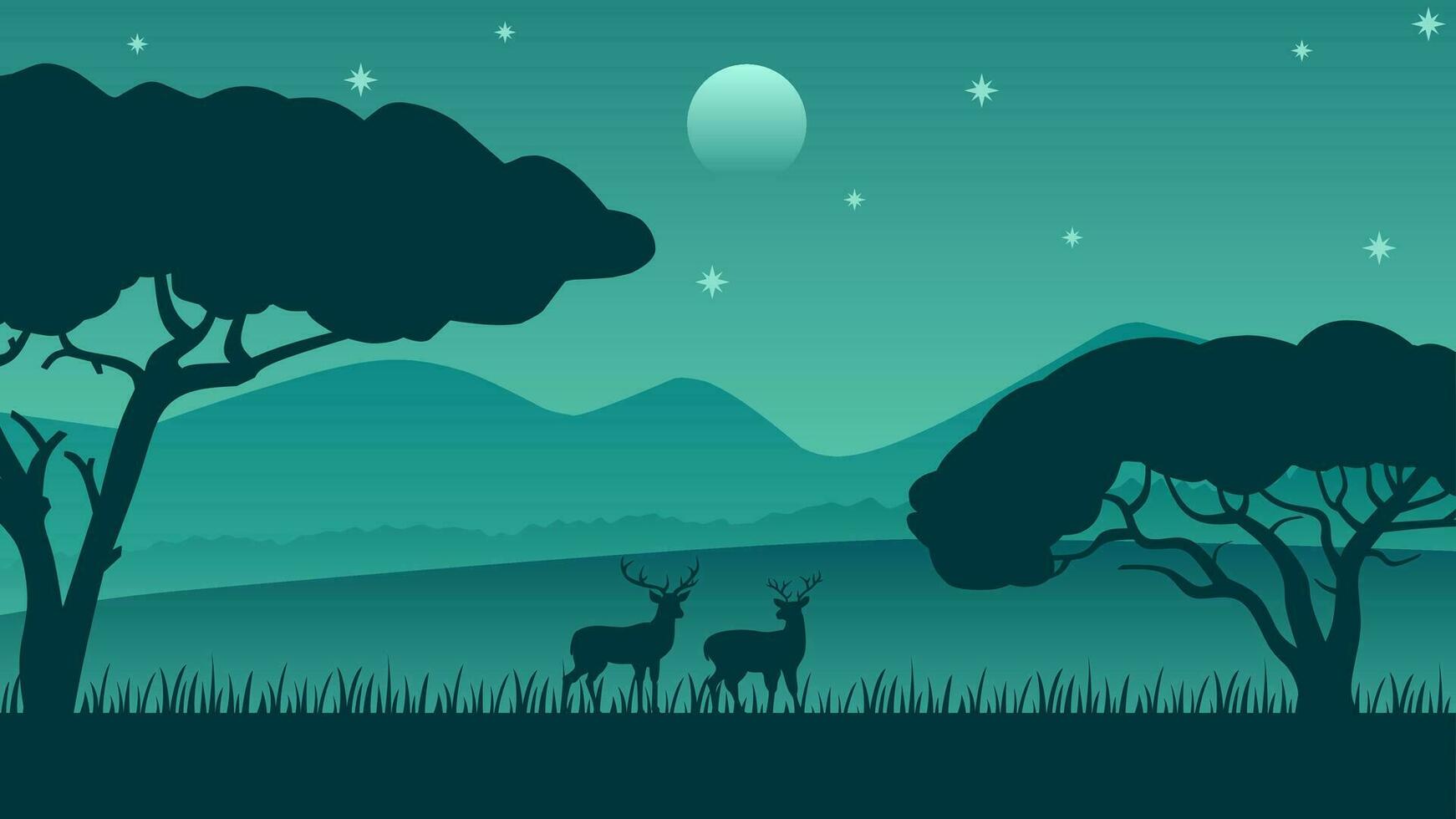 fauna silvestre paisaje vector ilustración. fauna silvestre paisaje a noche con ciervo y africano árbol. fauna silvestre panorama a noche con estrellado cielo y Luna para fondo, fondo de pantalla, monitor o aterrizaje página