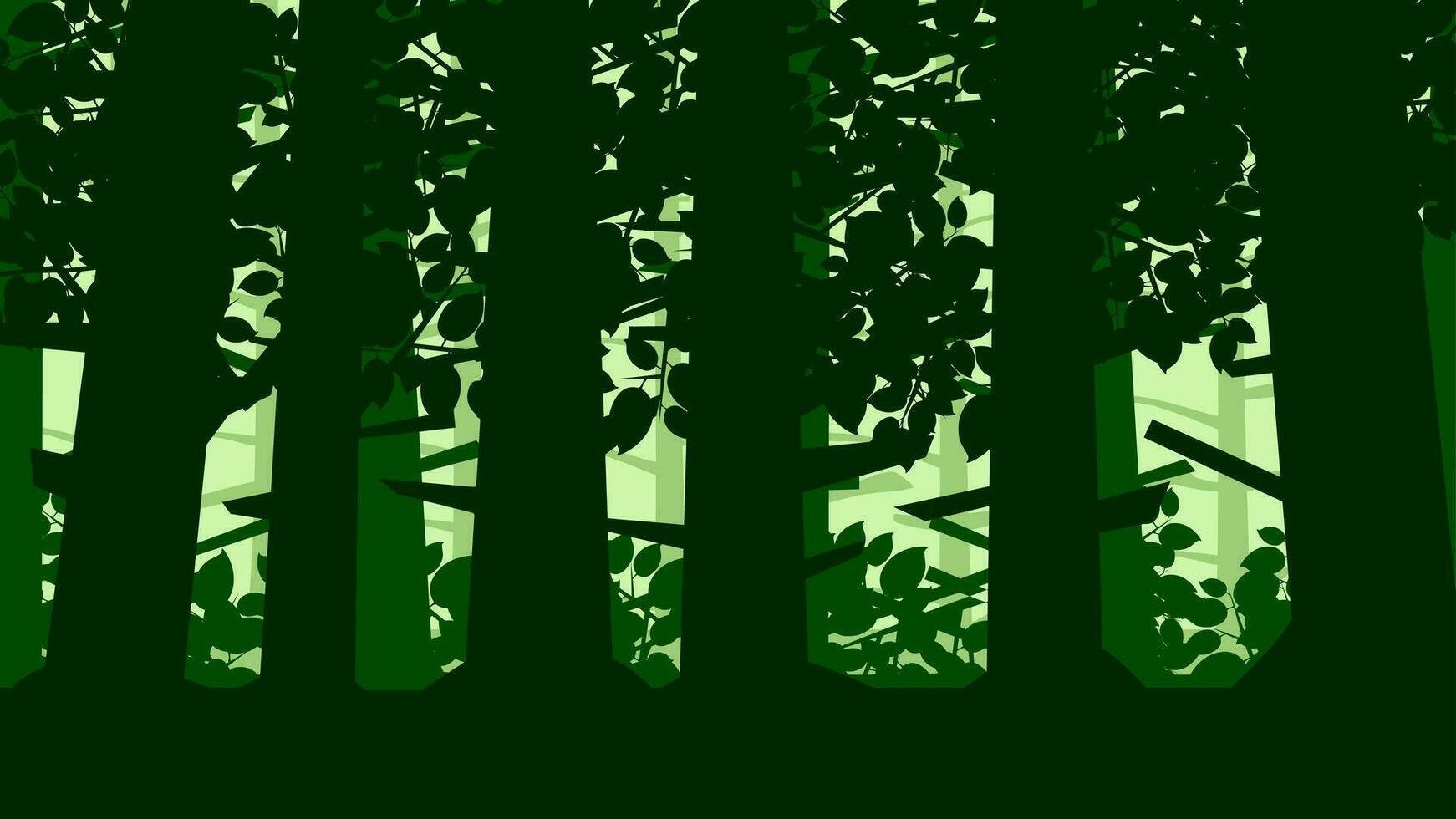 Forest landscape vector illustration. Deep forest silhouette with tree, lush, foliage and leaves. Dark green forest landscape for background, wallpaper, display or landing page. Vector background