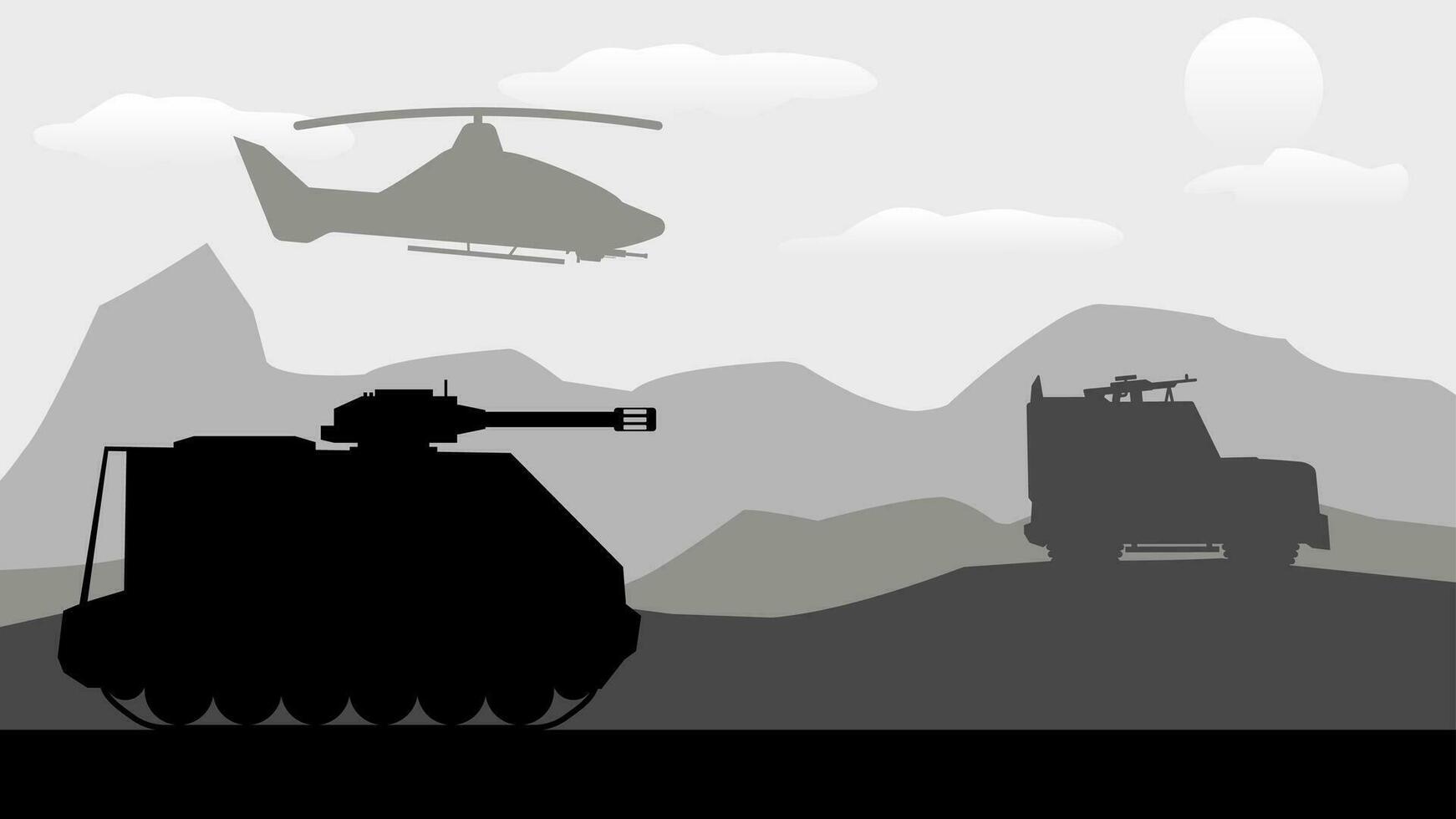 Military base landscape vector illustration. Military army with armored fighting vehicle and attack helicopter. Battlefield silhouette landscape for background, wallpaper, display or landing page