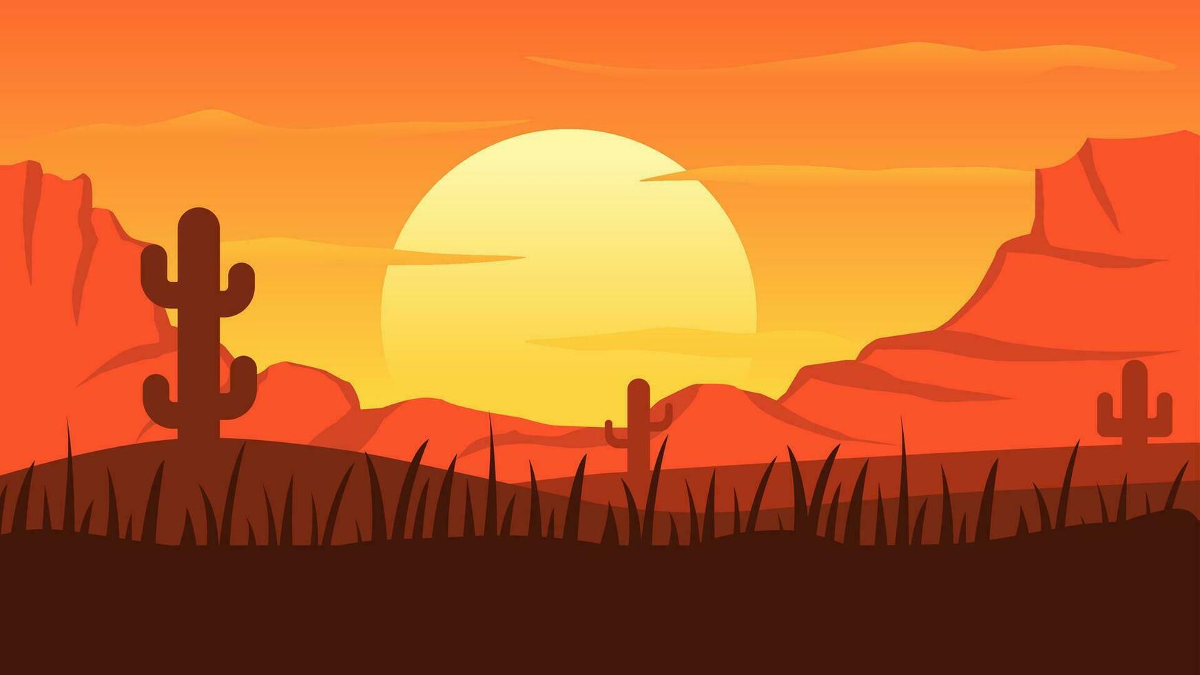 Desert landscape vector illustration. Canyon desert landscape with cactus, ridge and sunset sky. American desert silhouette landscape for background, wallpaper, display or landing page