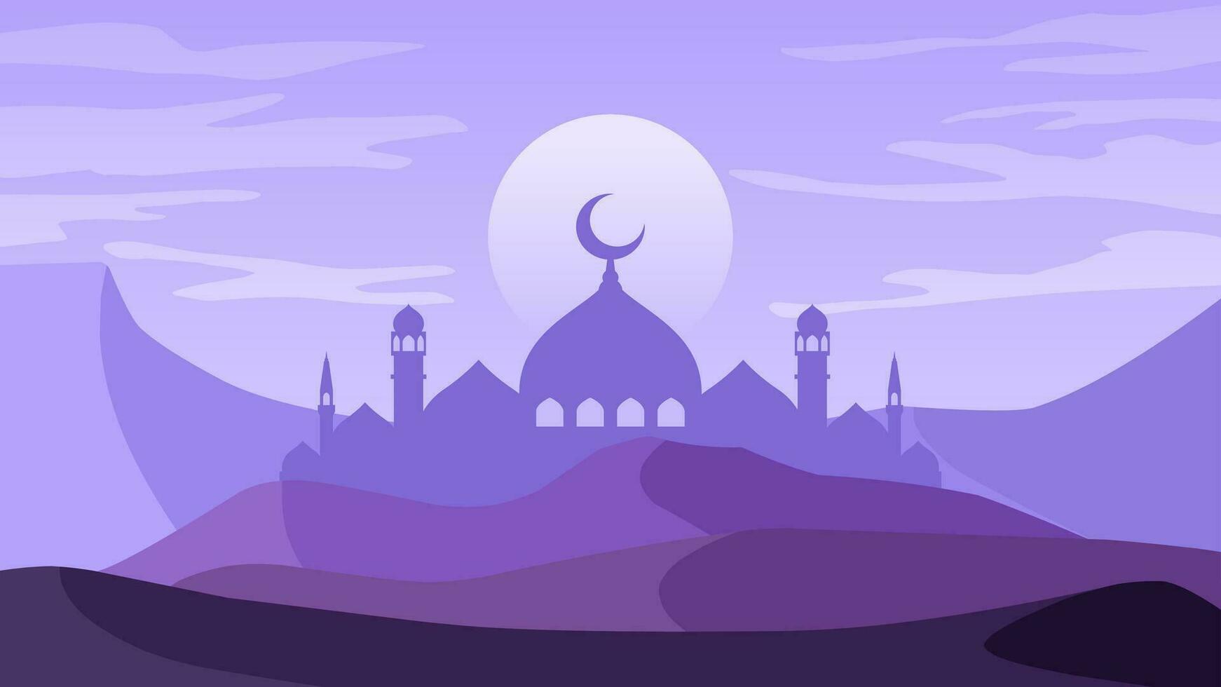 Islamic landscape vector illustration. Mosque silhouette in the desert with full moon and purple sky. Background landscape for islam religion and muslim faith. Wallpaper design of desert with mosque