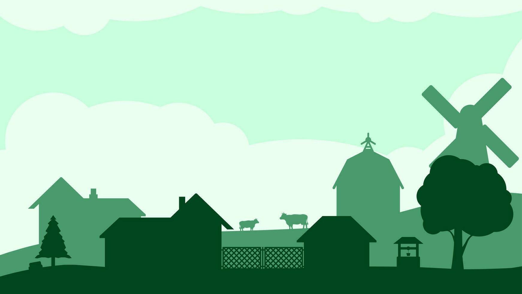 Countryside landscape vector illustration. Farm silhouette landscape with barn, windmill, cow and goat. Rural agriculture silhouette landscape for background, wallpaper, display or landing page