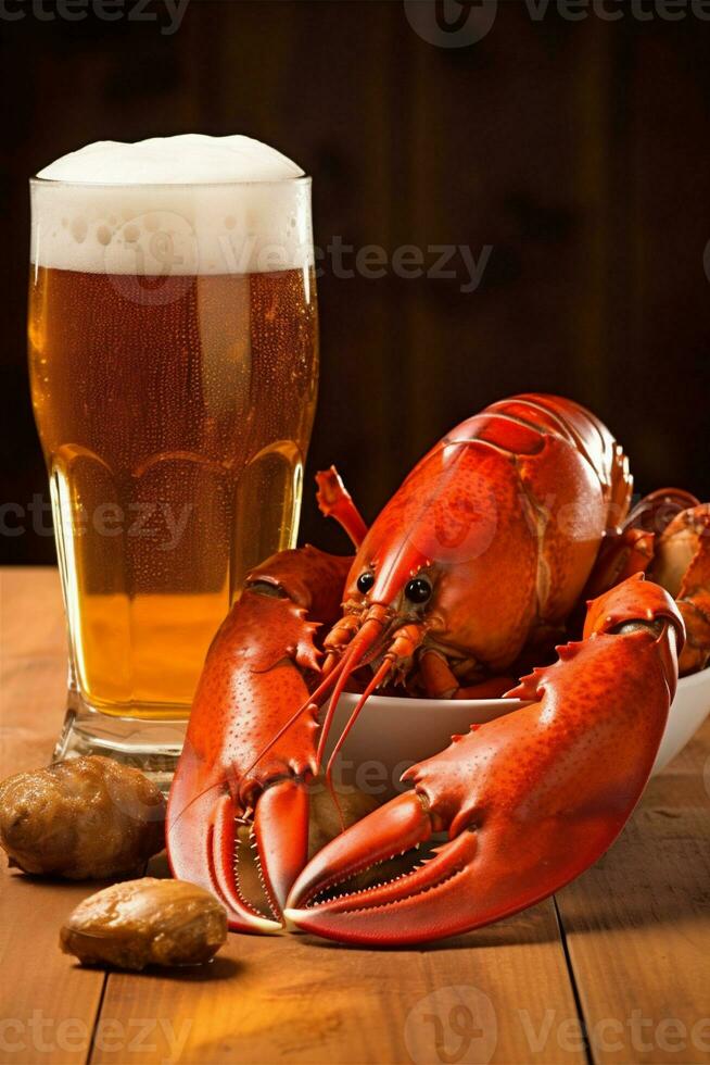 seafood crayfish beer claw snack food glass crawfish red crab background. Generative AI. photo