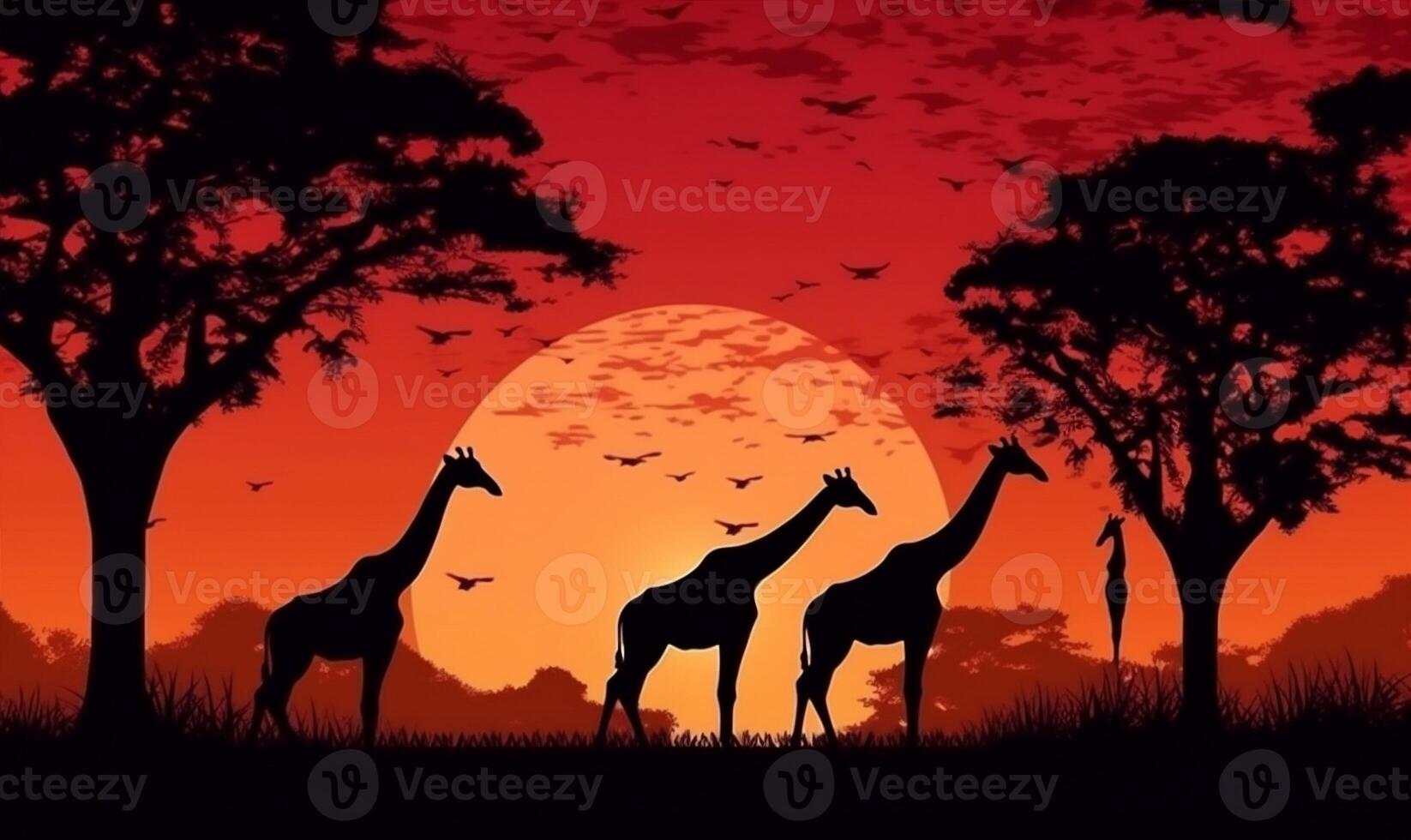 elephant wild safari africa nature giraffe animal silhouette wildlife sunset. Generative AI. photo