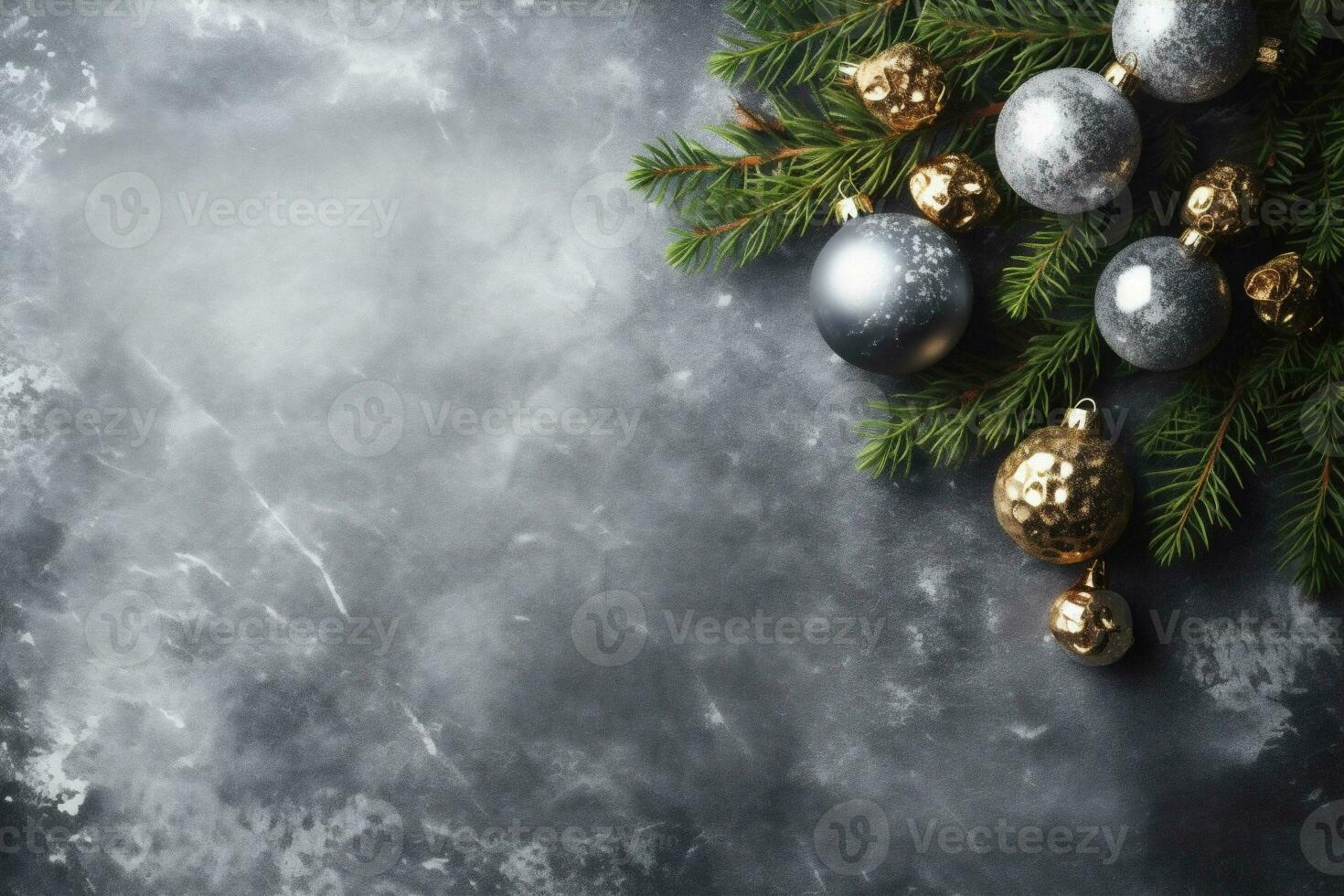 christmas background new year christmas tree decoration holiday gold card greeting snowflakes. Generative AI. photo