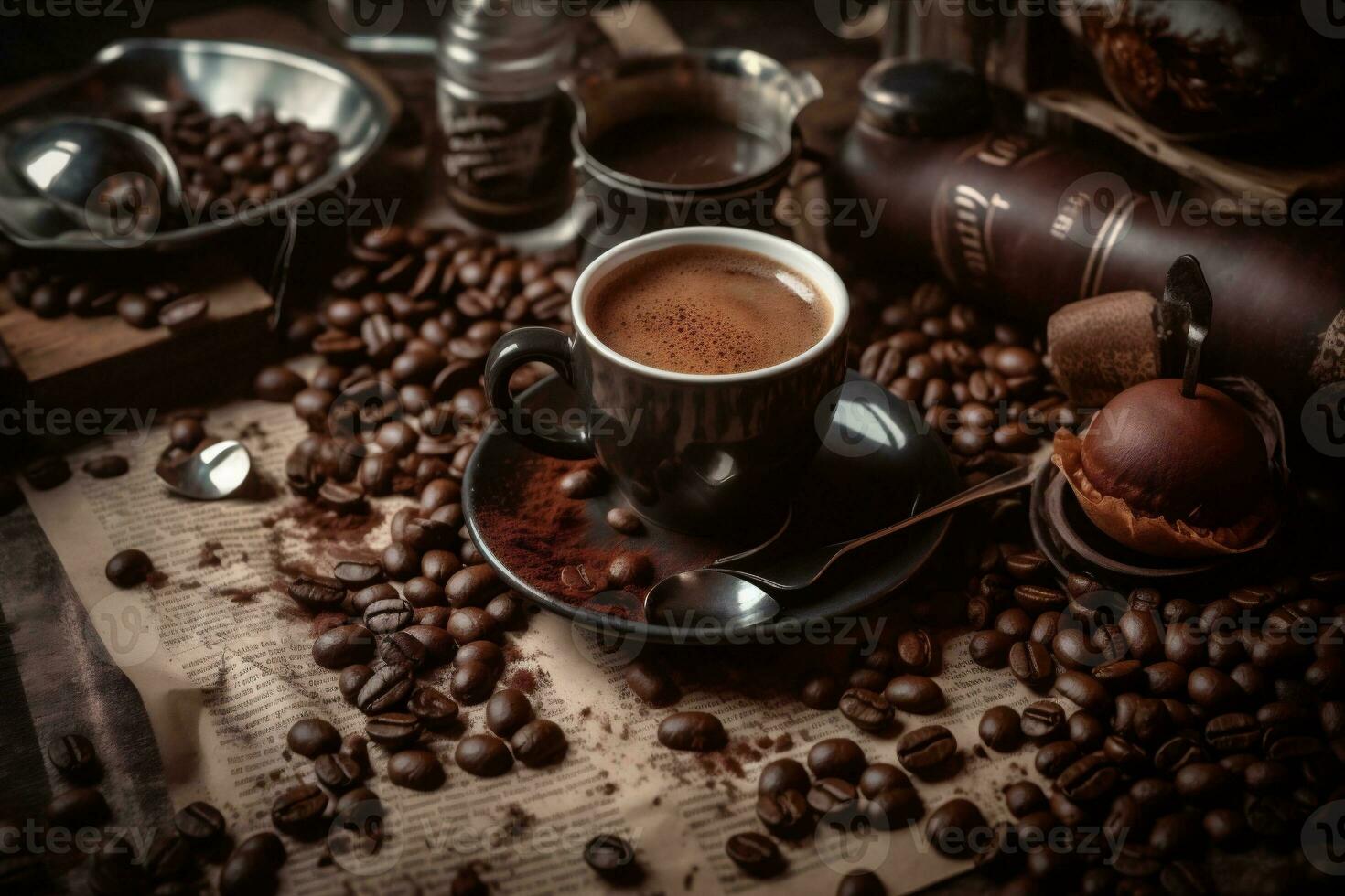 aroma bean espresso breakfast morning brown cup cafe mug drink. Generative AI. photo