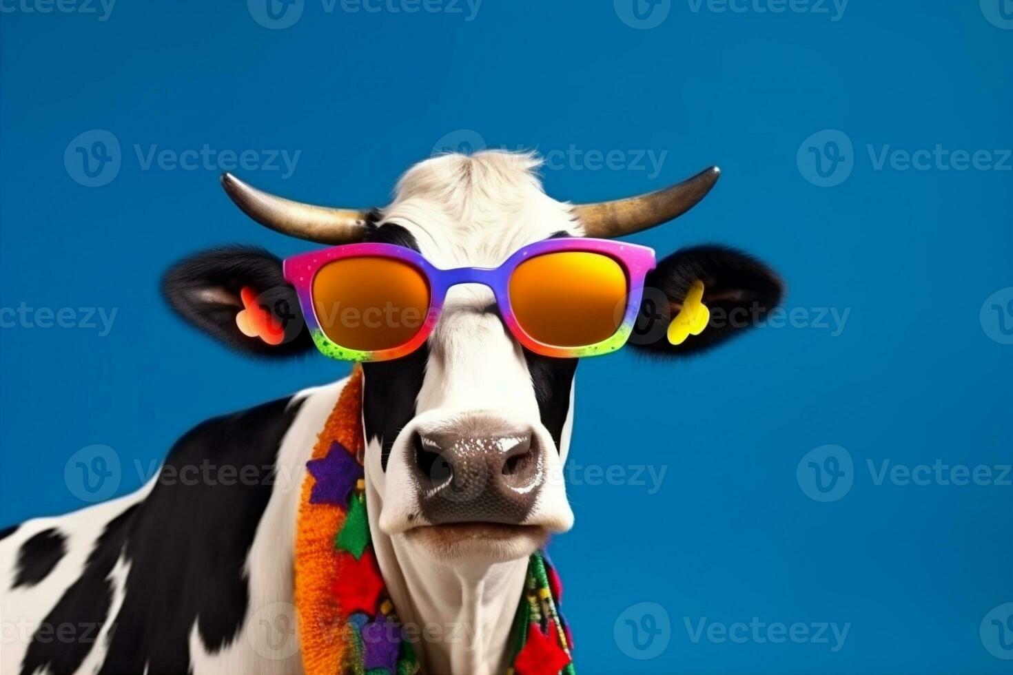 portrait funny character animal colourful head cute cow sunglasses face. Generative AI. photo