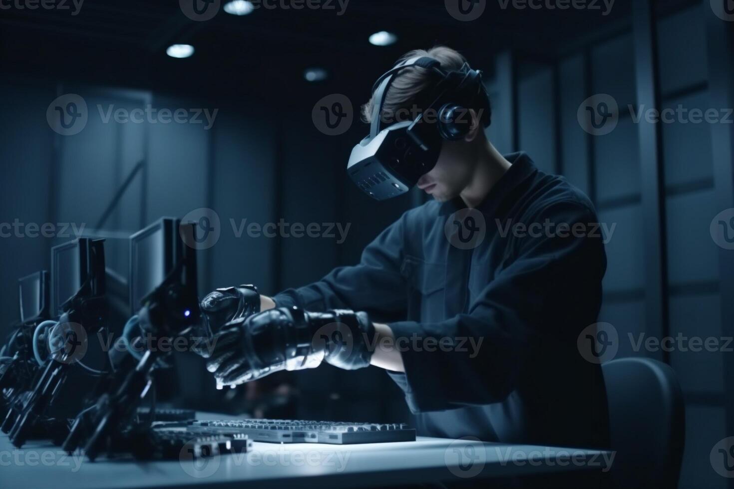 three-dimensional man glasses robot design virtual 3d engineer technology innovation future robotic. . photo