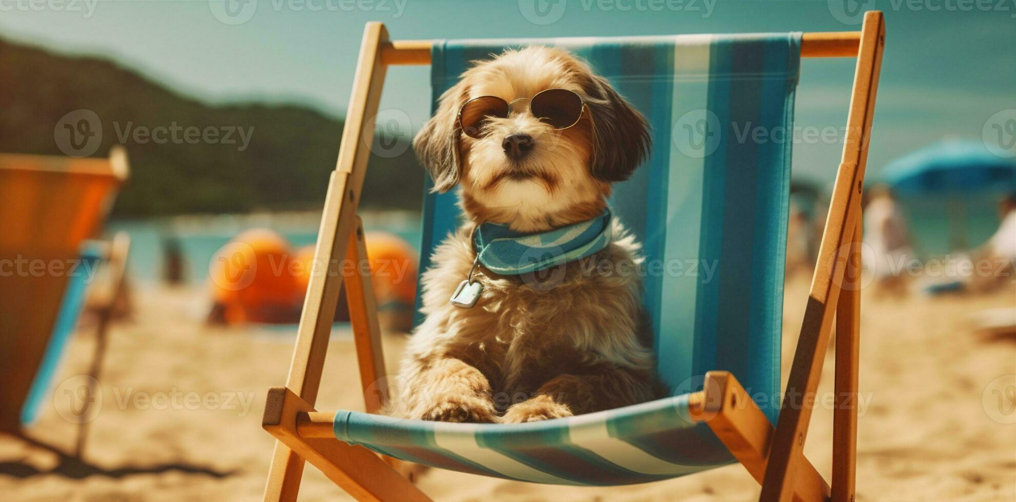 dog relax beach funny lazy pet sunglasses summer vacation chair. Generative AI. photo