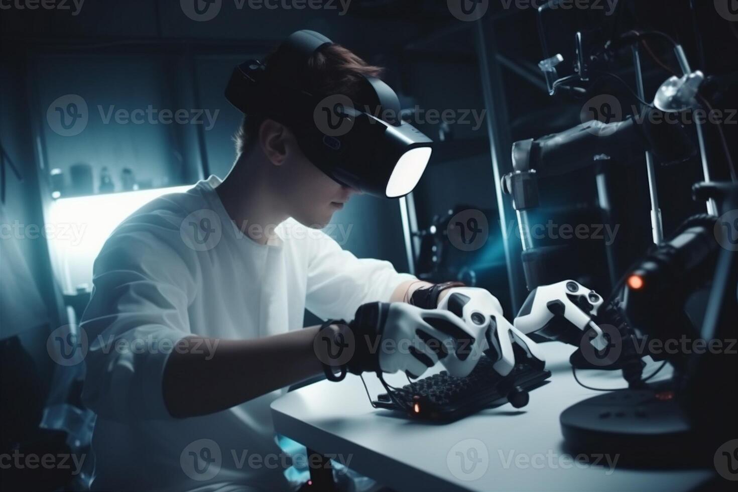 programming man technology virtual glasses innovation engineer robotic three-dimensional 3d future robot. . photo